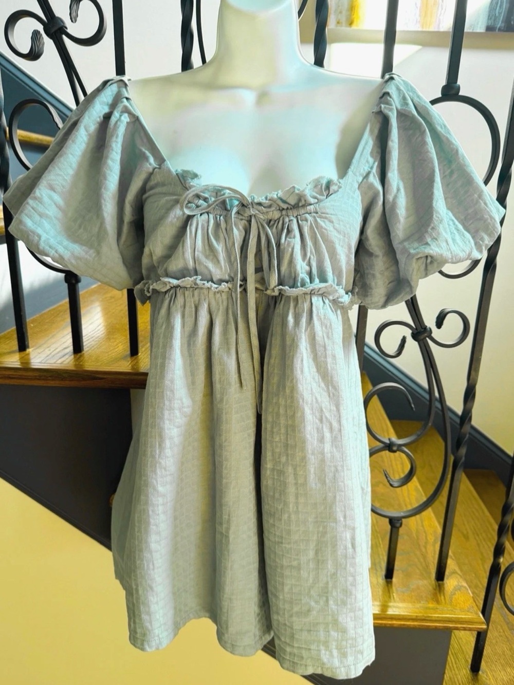 🍐ee:some🍐 BABYDOLL BALLOON SHORT SLEEVE LINED RUFFLE TIE BUST POCKET ROMPER